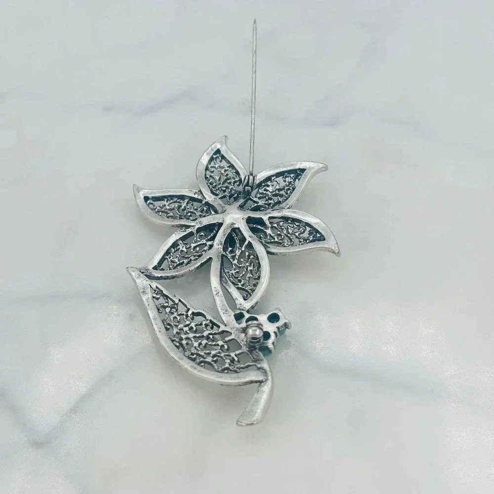 Big 3.25” Flower Brooch Pin Filigree Faux Turquoise Rhinestone Marcasite